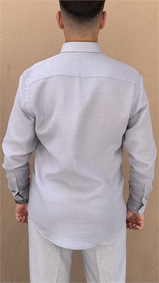 Slim Fit Uzun Kol Müslin Pamuk Rahat Nefes Alabilen Kumaştan Yaka Düğmeli Hediye Kutulu Erkek Gömlek FS-004202 - Gri