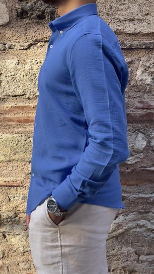 Slim Fit Uzun Kol Müslin Pamuk Rahat Nefes Alabilen Kumaştan Yaka Düğmeli Hediye Kutulu Erkek Gömlek FS-004202 - Saks Mavi