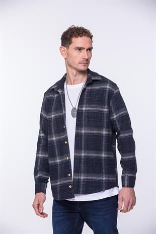 Oversize Yeni Sezon Gömlek Yaka Pamuklu Oduncu Hediye Kutulu Erkek Gömlek FS-002204 - Lacivert