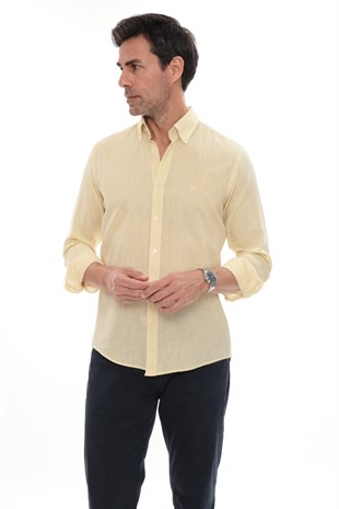 Slim Fit Uzun Kol Yaka Düğmeli Nefes Alan Keten Hediye Kutulu Erkek Gömlek FS-004548 - Sarı