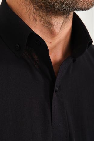 Klasik Kısa Kol Linen Keten Yaka Düğmeli Hediye Kutulu Erkek Gömlek FS-001202 - Siyah