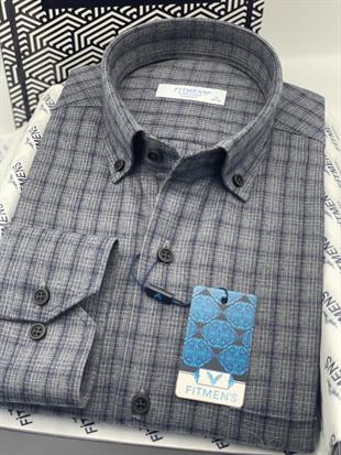 Klasik Uzun Kol Kışlık Kareli Yaka Düğmeli Pamuklu Hediye Kutulu Erkek Gömlek FS-004342 - Gri