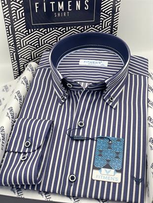 Slim Fit Uzun Kol Premium Kalın Çizgili Yaka Düğmeli Hediye Kutulu Kolay Ütülenebilir Erkek Gömlek FS-001375 - Lacivert