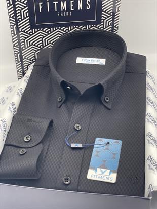 Slim Fit Uzun Kol Baklava Desen Kol Nakışlı Yaka Düğmeli Hediye Kutulu Şık Erkek Gömlek FS-004200 - Siyah