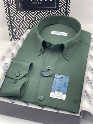 Slim Fit Uzun Kol Pamuklu Hediye Kutulu Kolay Ütülenebilir Erkek Gömlek FS-002225 - Koyu Yeşil