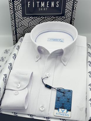 Slim Fit Uzun Kol Baklava Desen Kol Nakışlı Yaka Düğmeli Hediye Kutulu Şık Erkek Gömlek FS-004200 - Beyaz