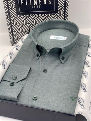Slim Fit Uzun Kol Pamuklu Hediye Kutulu Kolay Ütülenebilir Erkek Gömlek FS-002225 - Yeşil