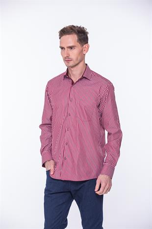 Klasik Uzun Kol Premium Kalın Çizgili Hediye Kutulu Erkek Gömlek FS-001266 - Bordo Beyaz