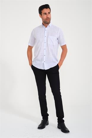 Klasik Kısa Kol Büyük Kare Flam Keten Düğmeli Yaka Hediye Kutulu Erkek Gömlek FS-000714 - Açık Mavi