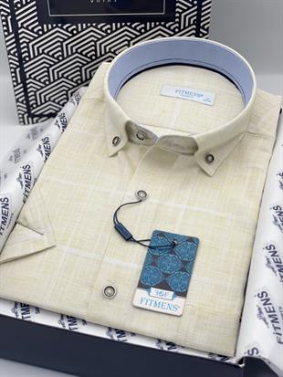 Klasik Kısa Kol Büyük Kare Flam Keten Düğmeli Yaka Hediye Kutulu Erkek Gömlek FS-000714 - Sarı