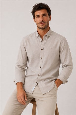 Slim Fit Uzun Kol Cepsiz Çizgili Keten Likra  Hediye Kutulu Erkek Gömlek FS-004581 - Bej