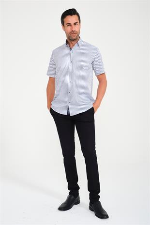 Klasik Kısa Kol Kalın Çizgili Hediye Kutulu Erkek Gömlek FS-000702 - Beyaz Lacivert