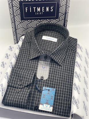 Klasik Uzun Kol Kışlık %100 Cotton Kareli Yaka Alttan Düğmeli Hediye Kutulu Erkek Gömlek FS-003130 - Siyah