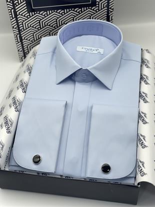 Slim Fit Uzun Kol Gizli Düğmeli Likralı Smokin Damatlık Erkek Gömlek FS-004296 - Mavi