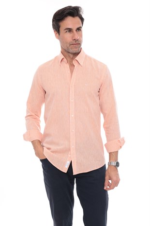 Slim Fit Uzun Kol Yaka Düğmeli Nefes Alan Keten Hediye Kutulu Erkek Gömlek FS-004548 - Oranj