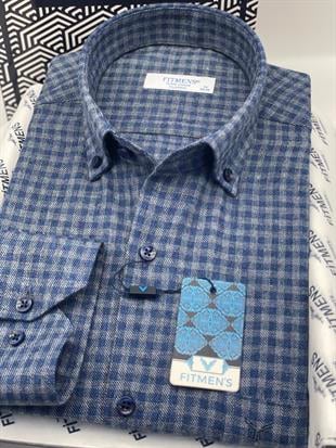 Klasik Uzun Kol Kışlık Ekoseli Oduncu Yaka Düğmeli Pamuklu Hediye Kutulu Erkek Gömlek FS-003127 - Mavi