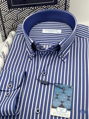 Slim Fit Uzun Kol Premium Kalın Çizgili Yaka Düğmeli Hediye Kutulu Kolay Ütülenebilir Erkek Gömlek FS-001375 - Saks Mavi