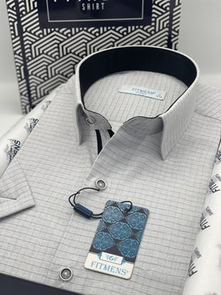 Klasik Kısa Kol Keten Cotton Kareli Pamuk Hediye Kutulu Erkek Gömlek FS-003009 - Gri