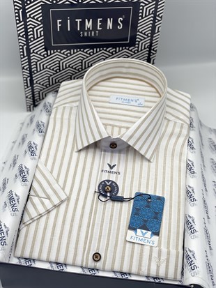 Klasik Kısa Kol Keten Cotton Nefes Alan Kumaş Hediye Kutulu Erkek Gömlek FS-004571 - Bej