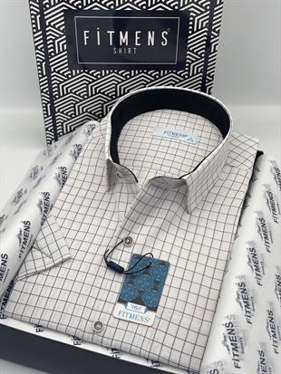 Klasik Kısa Kol Kareli Hediye Kutulu Erkek Gömlek FS-003623 - Beyaz Siyah