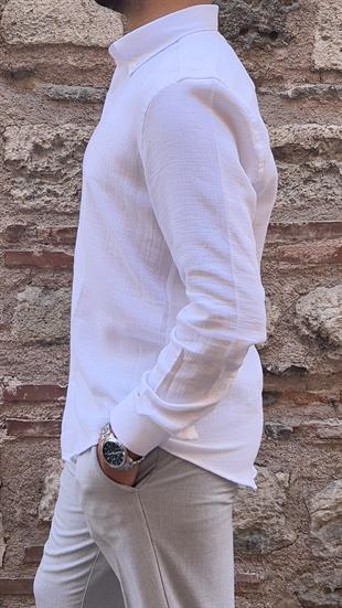 Slim Fit Uzun Kol Müslin Pamuk Rahat Nefes Alabilen Kumaştan Yaka Düğmeli Hediye Kutulu Erkek Gömlek FS-004202 - Beyaz