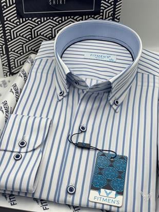 Slim Fit Uzun Kol Premium Kalın Çizgili Yaka Düğmeli Hediye Kutulu Kolay Ütülenebilir Erkek Gömlek FS-001375 - Beyaz Açık Mavi