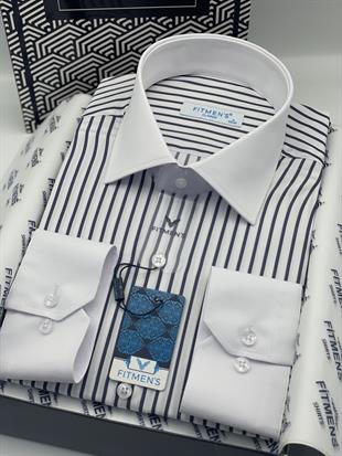 Klasik Uzun Kol Cepsiz Yaka Manşet Beyaz Hediye Kutulu Erkek Gömlek FS-004325 - Beyaz Lacivert