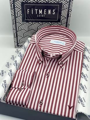 Slim Fit Uzun Kol Likralı Çizgili Yaka Düğmeli Hediye Kutulu Erkek Gömlek FS-003669 - Bordo