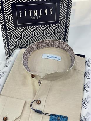 Hakim Yaka Slim Fit Keten Hediye Kutulu Erkek Gömlek FS-003042 - Bej
