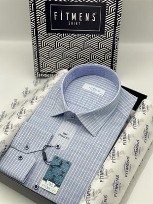 Klasik Uzun Kol Çizgili Keten Cotton Cepsiz Yaka Düğmeli Erkek Hediye Kutulu Gömlek FS-003169 - Açık Mavi