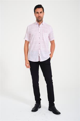 Klasik Kısa Kol Büyük Kare Flam Keten Düğmeli Yaka Hediye Kutulu Erkek Gömlek FS-000714 - Beyaz Bordo