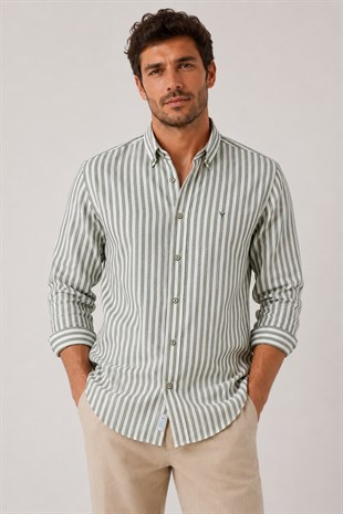 Slim Fit Uzun Kol Çizgili Yaka Düğmeli Keten Likra Hediye Kutulu Erkek Gömlek FS-004580 - Yeşil