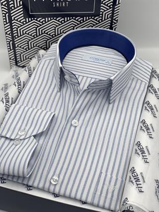 Klasik Uzun Kol Çizgili Hediye Kutulu Erkek Gömlek FS-003864 - Beyaz Saks Mavi