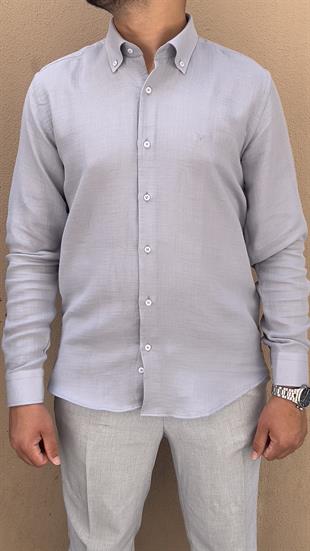 Slim Fit Uzun Kol Müslin Pamuk Rahat Nefes Alabilen Kumaştan Yaka Düğmeli Hediye Kutulu Erkek Gömlek FS-004202 - Gri
