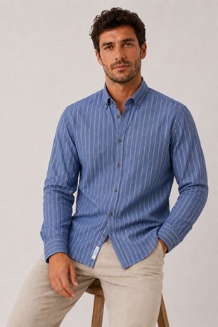Slim Fit Uzun Kol Çizgili Cepsiz Keten Likra Hediye Kutulu Erkek Gömlek FS-004579 - Saks Mavi