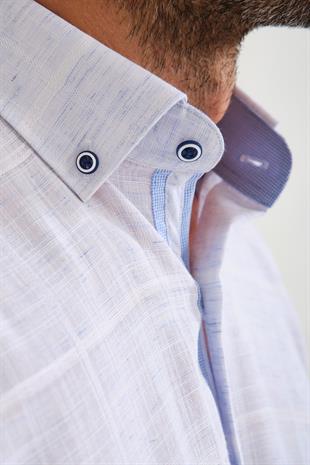 Klasik Kısa Kol Büyük Kare Flam Keten Düğmeli Yaka Hediye Kutulu Erkek Gömlek FS-000714 - Açık Mavi