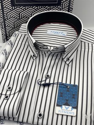 Slim Fit Uzun Kol Premium Kalın Çizgili Yaka Düğmeli Hediye Kutulu Kolay Ütülenebilir Erkek Gömlek FS-001375 - Beyaz Siyah