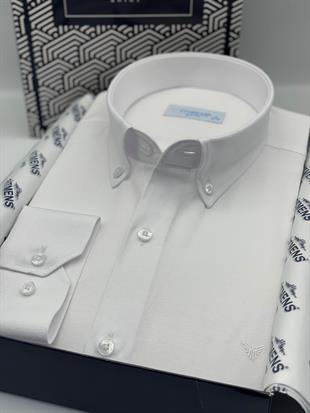 Slim Fit Uzun Kol Pamuklu Hediye Kutulu Kolay Ütülenebilir Erkek Gömlek FS-002225 - Beyaz