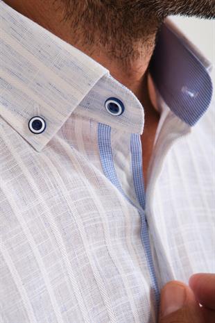 Klasik Kısa Kol Armür Çizgili Flam Keten Düğmeli Yaka Hediye Kutulu Erkek Gömlek FS-000678 - Beyaz Açık Mavi