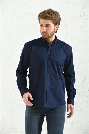 Slim Fit Uzun Kol Yıkamalı Gabardin Hediye Kutulu Erkek Gömlek FS-001364 - Koyu Lacivert