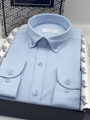 Slim Fit Uzun Kol Yıkamalı Gabardin Hediye Kutulu Erkek Gömlek FS-001364 - Açık Mavi