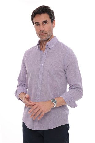Slim Fit Uzun Kol Yaka Düğmeli Nefes Alan Keten Hediye Kutulu Erkek Gömlek FS-004548 - Lila