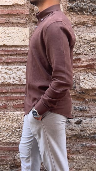 Slim Fit Uzun Kol Müslin Pamuk Rahat Nefes Alabilen Kumaştan Yaka Düğmeli Hediye Kutulu Erkek Gömlek FS-004202 - Kahverengi