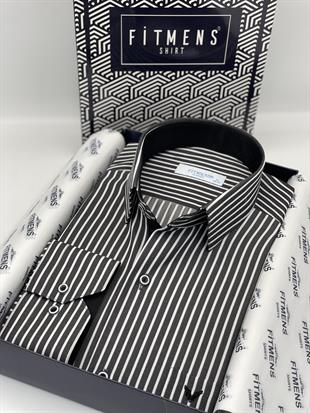Klasik Uzun Kol Premium Kalın Çizgili Hediye Kutulu Erkek Gömlek FS-001266 - Siyah Beyaz