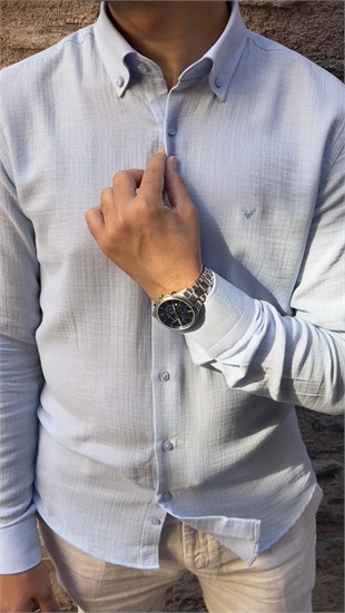 Slim Fit Uzun Kol Müslin Pamuk Rahat Nefes Alabilen Kumaştan Yaka Düğmeli Hediye Kutulu Erkek Gömlek FS-004202 - Açık Mavi
