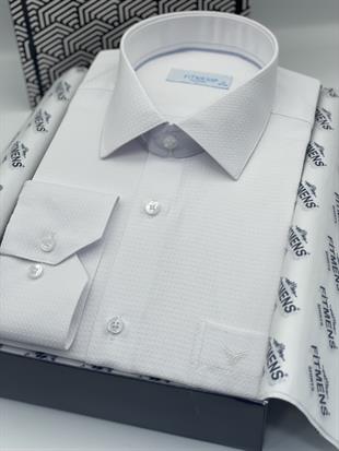 Klasik Uzun Kol Kare Armür Desenli Hediye Kutulu Erkek Gömlek FS-002151 - Beyaz