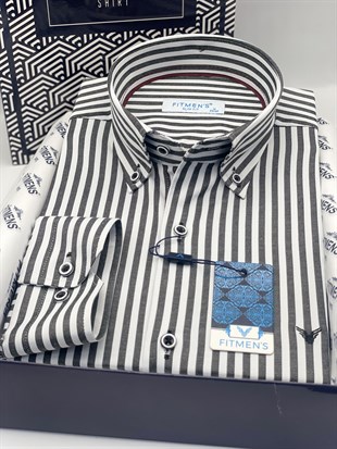 Slim Fit Uzun Kol Likralı Çizgili Yaka Düğmeli Hediye Kutulu Erkek Gömlek FS-003669 - Koyu Gri