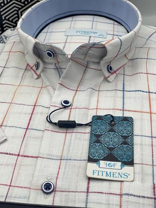 Klasik Kısa Kol Kareli Keten Cotton Yaka Düğmeli Hediye Kutulu Erkek Gömlek FS-003573 - Beyaz Turkuaz