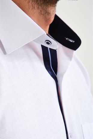 Klasik Kısa Kol V Flam Keten Hediye Kutulu Erkek Gömlek FS-001217 - Beyaz