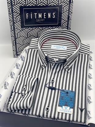 Slim Fit Uzun Kol Likralı Çizgili Yaka Düğmeli Hediye Kutulu Erkek Gömlek FS-003669 - Koyu Gri